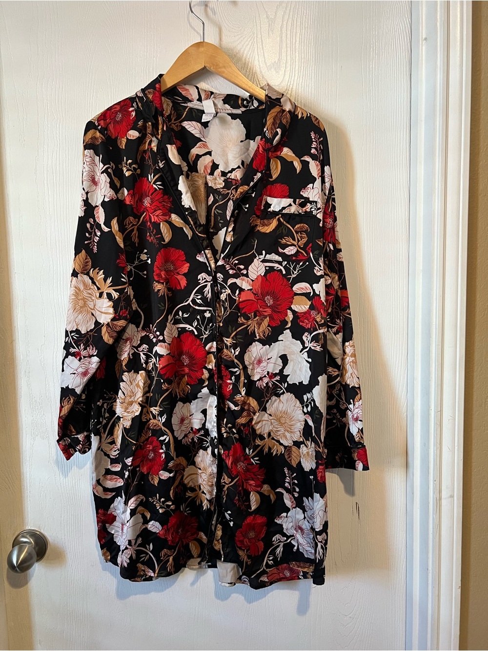 Stars Above Night Wear gown Floral V-Neck Button Up Collared Pocket Sz XL